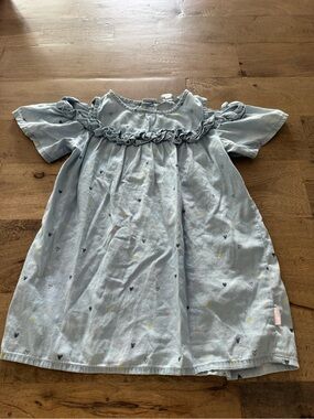 Souris Mini chambray Light Blue Ruffle Girls Dress Tiny Heart Print sz 3 years